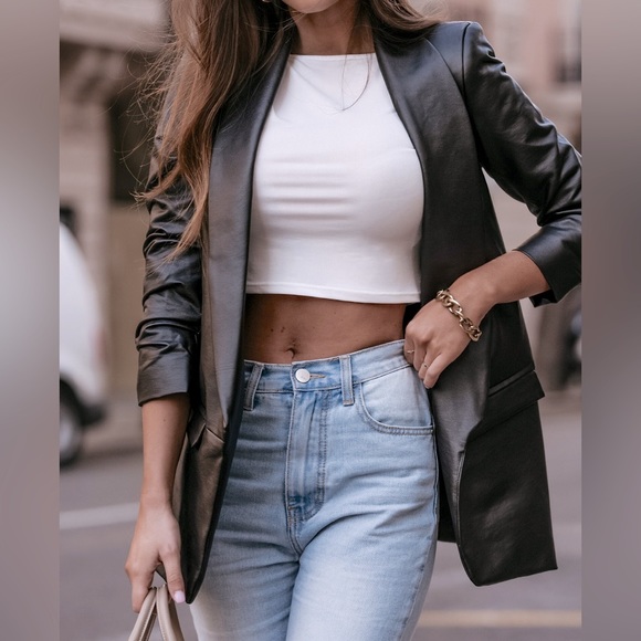 Blazer | Faux Leather Open Front - Black - Picture 3 of 4